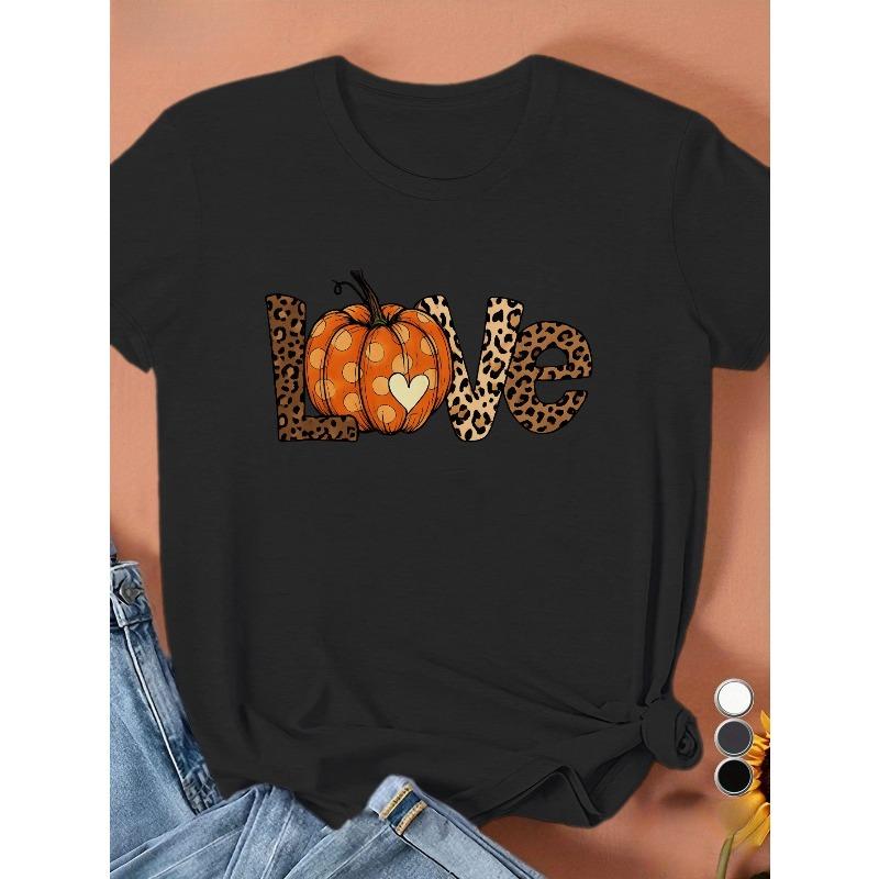 European Size Women'S T-Shirt-White Tee with Leopard Print 'L' & Pumpkin Accent - Breathable Everyday Casual Outfit - Soft Round Neck Short Sleeve Top