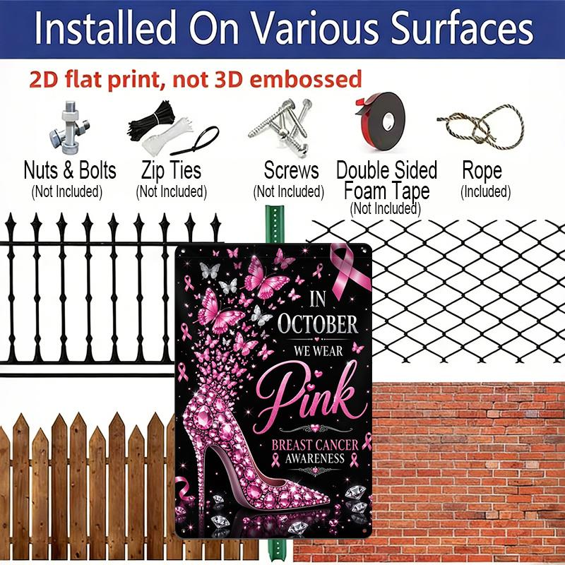 2D Flat in October We Wear Pink Rhinestone High Heel Butterfly Aluminum Metal Sign‑8.0x12.0inch Breast Cancer Awareness Wall Decor, Pink Ribbon Glam