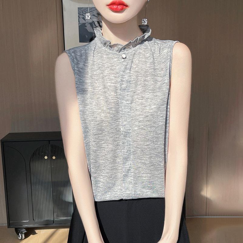 Women's Spring and Summer New Retro Style Half-high Round Neck Wooden Ear Edge Jacquard Hollow Loose Sleeveless Vests