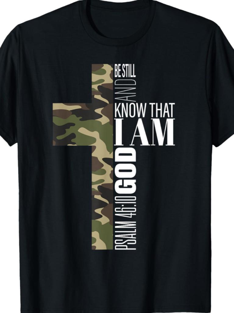 Unisexs Meditation Tshirt With The Words Know God Printed On It Black Background With Green Camouflage Cross Short Sleeved Shirt