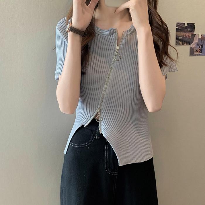 Summer Design Niche Zipper Knit Short-sleeved T-shirt Women Slim and Thin High Waist Short Tops Casual Essential Comfort Style Slim Fit Pullovers Tees