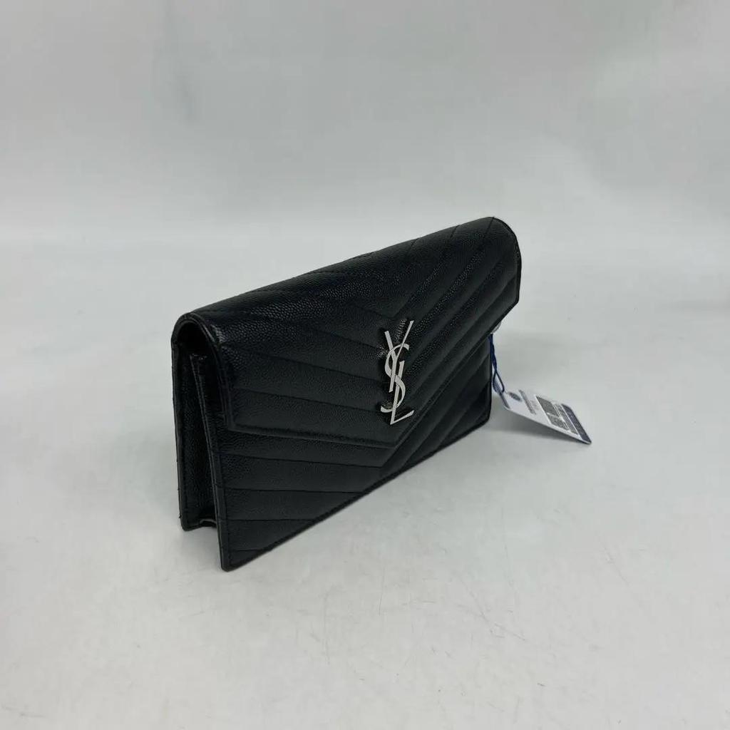 [Pre-Owned] Ysl Envelope Silver Logo Quilted Grainy Embossed Leather Envelope Chain Wallet Shoulder Crossbody Bag - Excellent #150PTAO