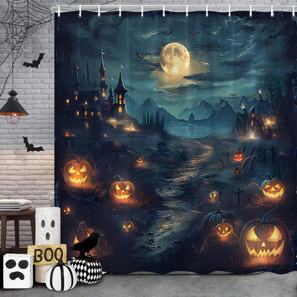 Spooky Horror Halloween Skeleton Crow Shower Curtain Black Bat Black Cat Polyester Fabric Bath Curtain Bathroom Decor With Hoo