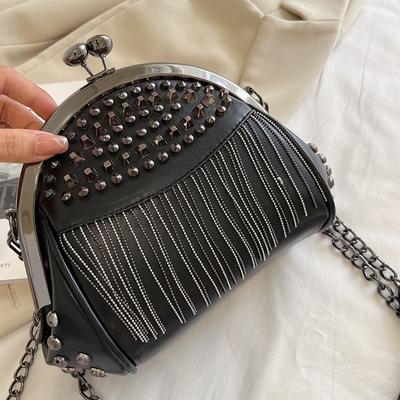 Riveted Tassels Shoulder Leather Bag for Women  Designer Tote  Shells  Crossbody Bags  Chain Ladies Bags
