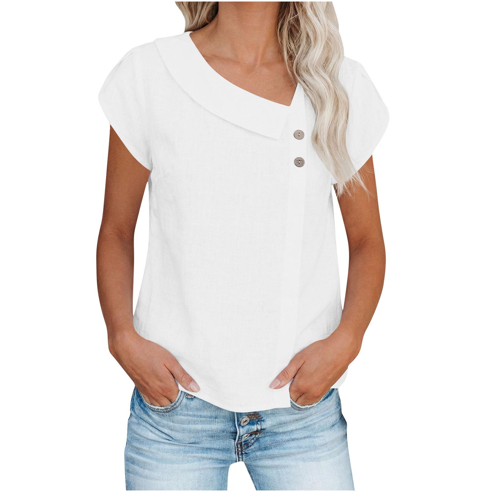 

Women s Casual -Color Half-Moon Neck Button-Down Cotton-Linen Loose-Fit Top XL