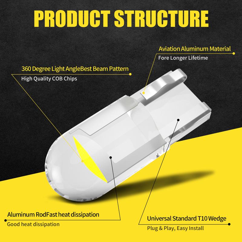 T10 LED W5W Canbus Glass COB 6000k Reading Dome Lamp Marker Wedge License Plate Light Bulb 168 194 192 DC 12V White Red