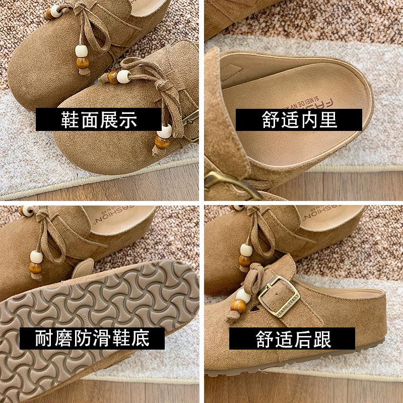 Boken Shoes Women's Retro Doll Head Casual Women's Shoes 2025 Autumn New One-pedal Lazy Soft Leather Soft-soled Single Shoes