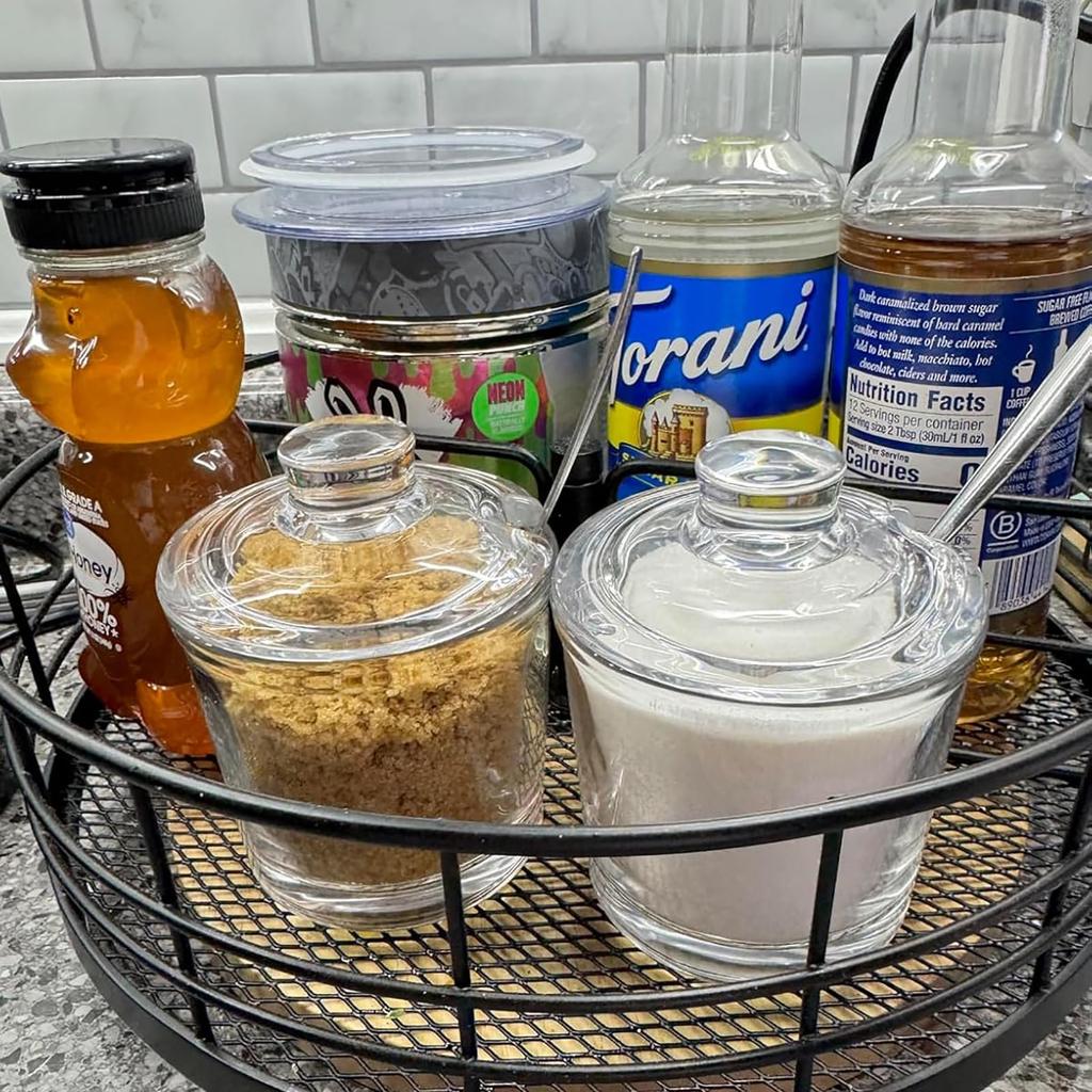 Frcctre Clear Glass Sugar Bowls, Set of 2, 6 Sugar Jars with Spoons and Lids, Salt, Spice, and Pepper Bowls, Condiment Pots, Dispenser Containers for