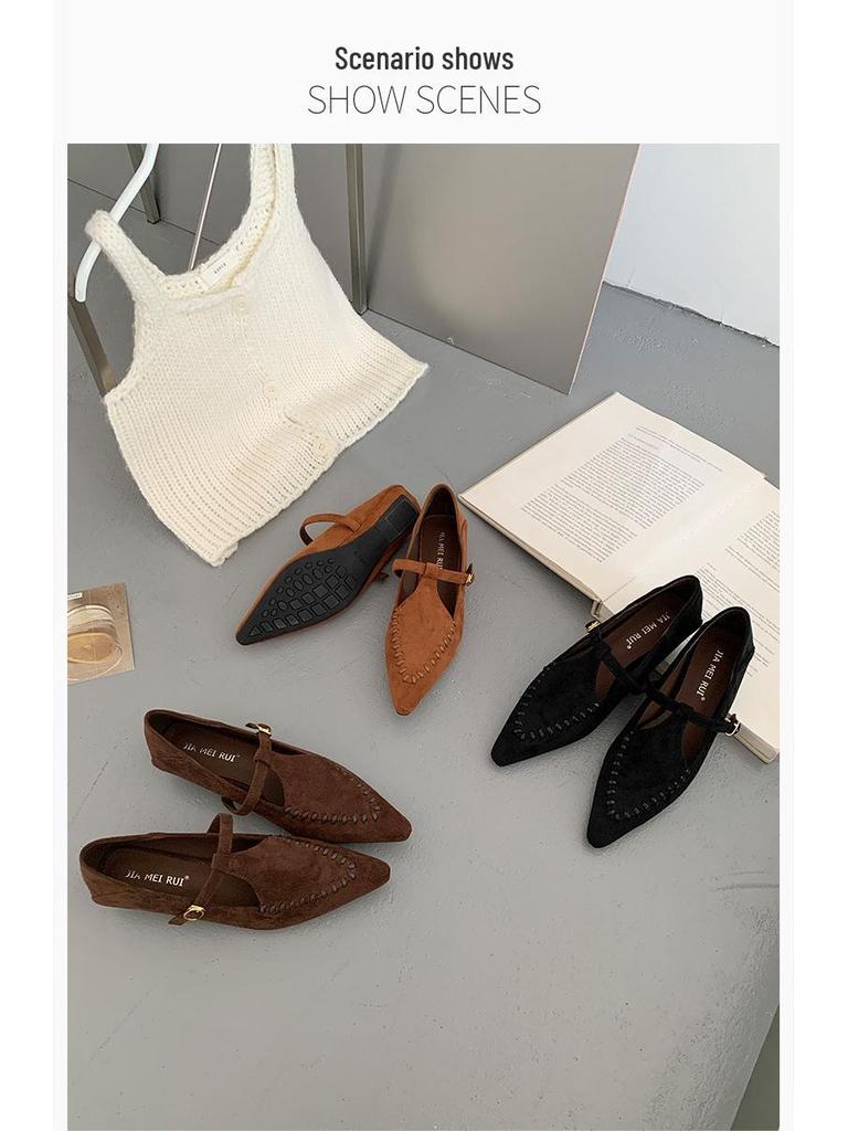 2025 Retro Mary Jane Damenschuhe: Spitze Zehenpartie, Keilabsatz mit Bohnenboden, Lederriemen, Blockabsatz