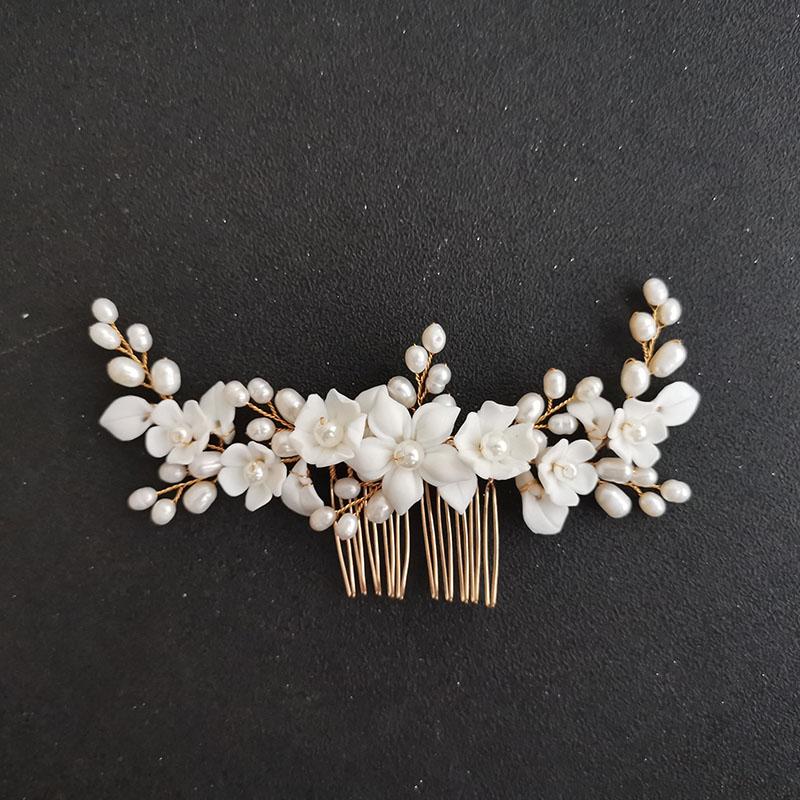 SLBRIDAL Handgefertigte Porzellanblume Blatt Süßwasserperlen Braut-Haarkamm Hochzeits-Haarband Haarschmuck Damen Schmuck