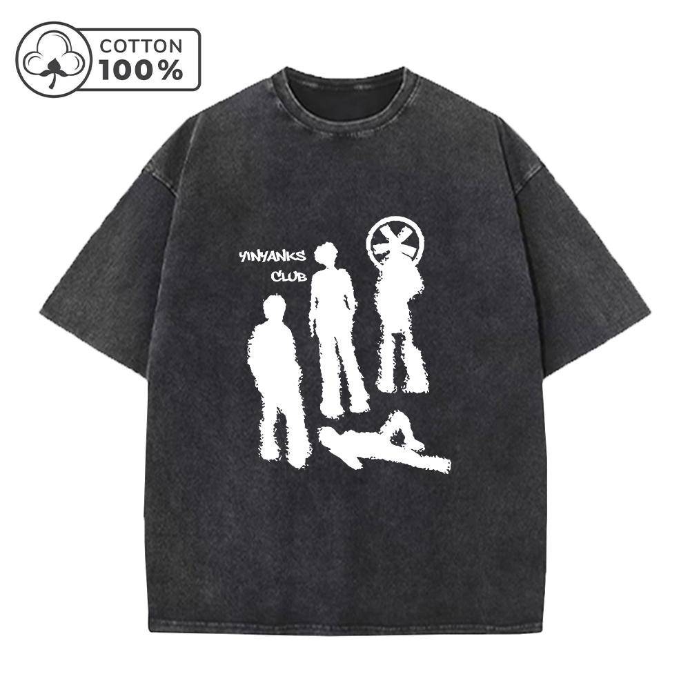 Fashion Retro Washed T-Shirt With Creative Shadow Print Loose Fit Casual Pure Cotton Short Sleeve Street Style Commute Top S разноцветный