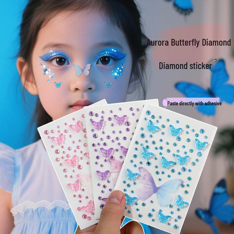 3D Butterfly & Star Face Sticker Set with Rhinestones & Pearls for Kids