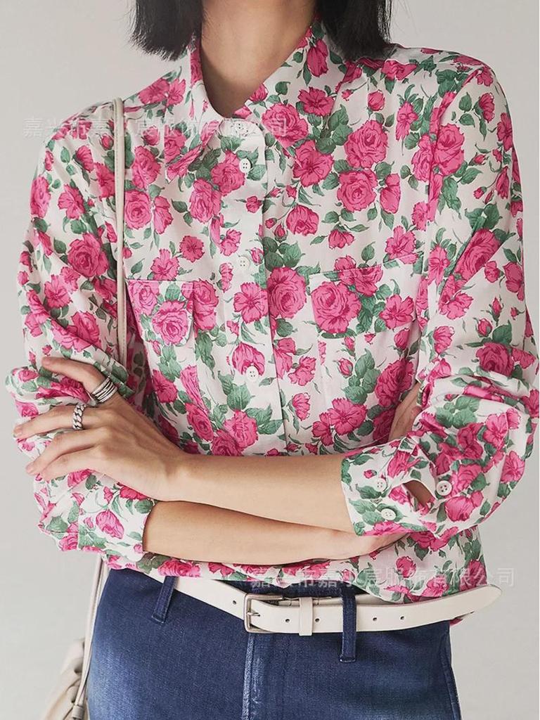 Retro Caroline Rose Print Cotton Long Sleeve Women's Shirt with Double Pockets
