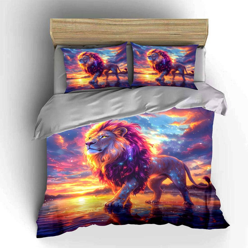 Majestic Sunset Lion Print Bedding Duvet Cover Set  (1*Duvet Cover 2*Pillowcases, Without Duvet Insert)