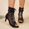Sexy Black Fishnet High Heel Sandals Women  Summer Cross Strap Metal Buckle Peep Toe Sandals Woman's Jazz Pole Dance Shoes
