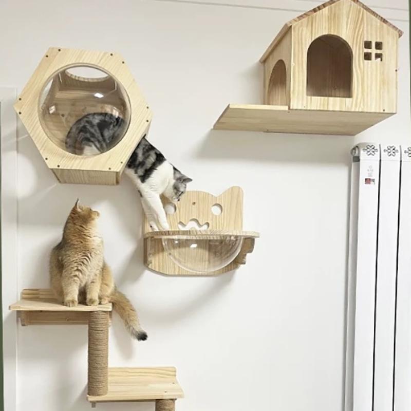 Wooden Wall-Mounted Cat Activity Centre with Scratching Board Hammock and Climbing Stairs Pet Climbing Play Furniture