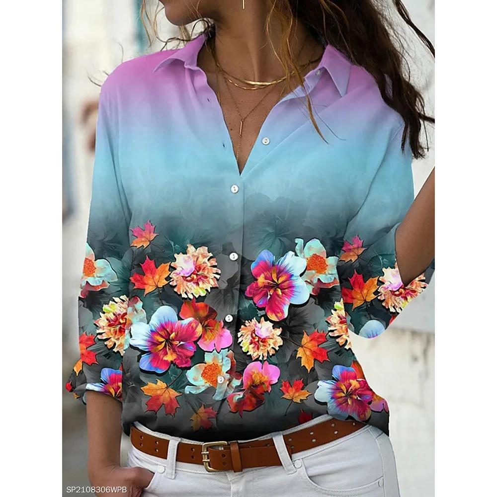 Autumn Women's Flower Print Shirt Fashion Button Top Slim Fit Comfortable Women's Button V-neck Casual Long Sleeve Shirt