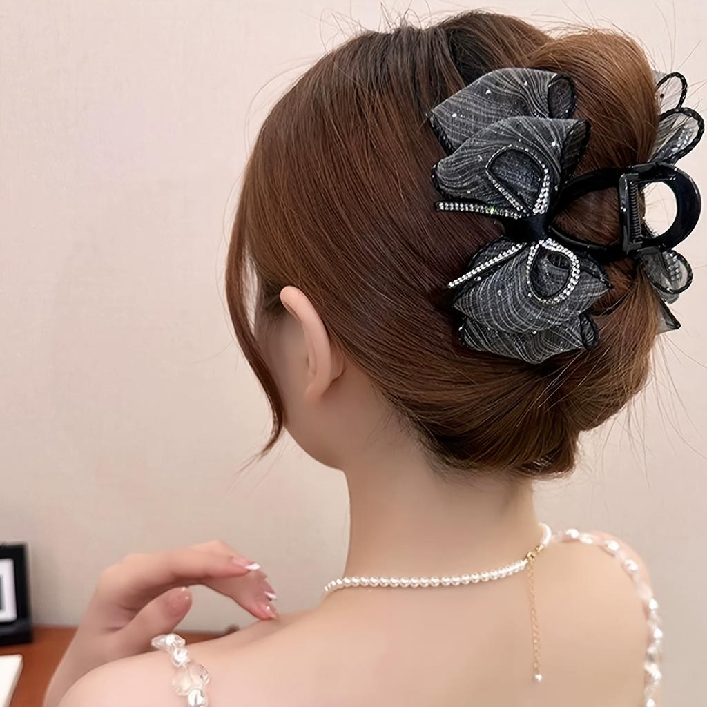 3pcs Shuidian Mesh Hair Grab Bow Shape Grab Clip Niche High-end Feeling Sweet and Cool Style Daily Styling Back Of The Head Clip