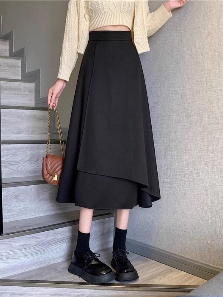Women's Black A-Line Spring Skirt: High-Waist, Irregular Hem, Large Size with Hip-Covering Umbrella Design