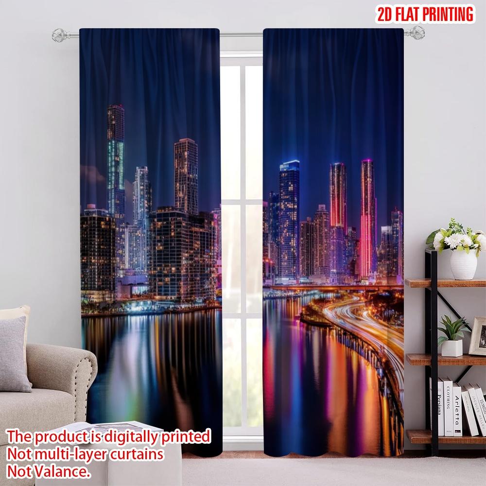 

2pcs,2D plane printing Minimalist Curtains Miami Nightscape Versatile Polyester Fabric (without rod) Versatile All Ldeal for 52.50 × 116.00 cm 2 pcs