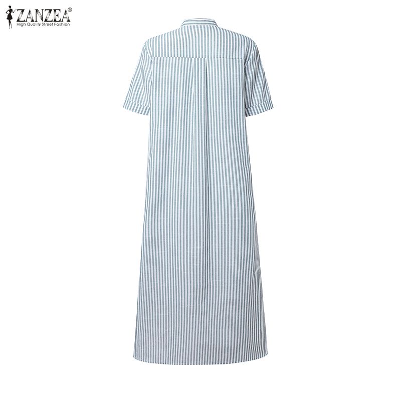 ZANZEA Women Casual Round Neck Summer Short Sleeve Stripe Dress