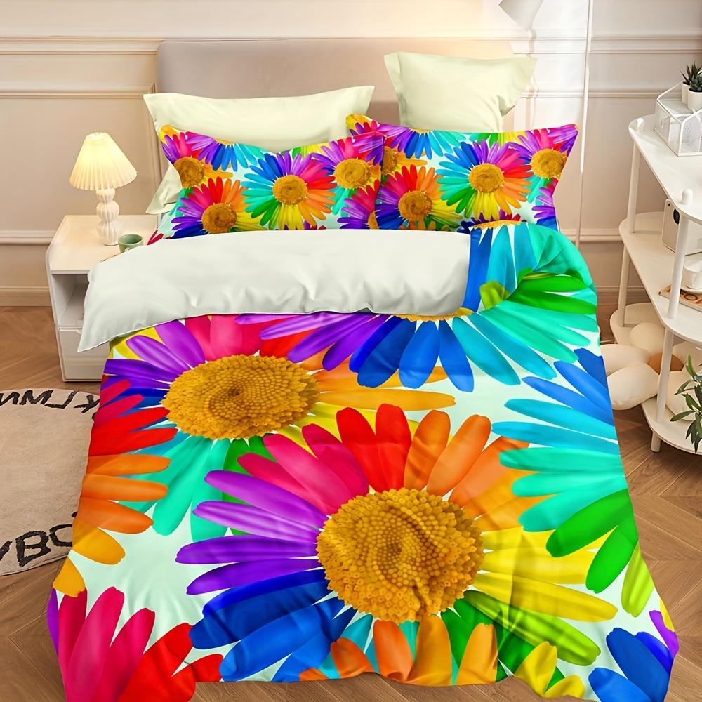 Rainbow Daisy Print Soft Duvet Cover Set Soft Comfortable Soft Duvet Cover Beding Set For Bedrom (1*Soft Duvet Cover+2*Pilowcases