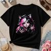 Girls Cool Cat Ear Girl Selfie Phone Print Crewneck Short Sleeve Tee, Pink Black 2D Contrast Summer Fashion Kids Top