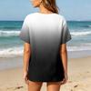 Women’s Fashion Printed Henley Button Neck Short Sleeve Cotton Linen Shirt with Chest Pocket Gradient Design Loose Fit Top