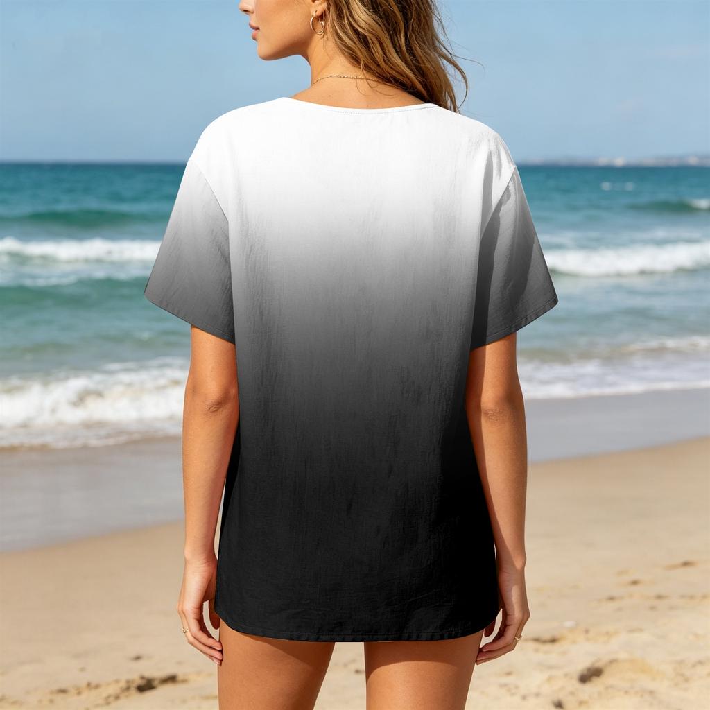 Women’s Fashion Printed Henley Button Neck Short Sleeve Cotton Linen Shirt with Chest Pocket Gradient Design Loose Fit Top
