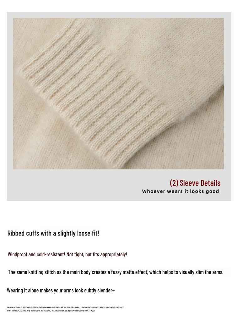 2025 Autumn/Winter Women's Elegant Cashmere Knit Top, Long Sleeve, Loose Fit, Solid Color, Round Neck Sweater