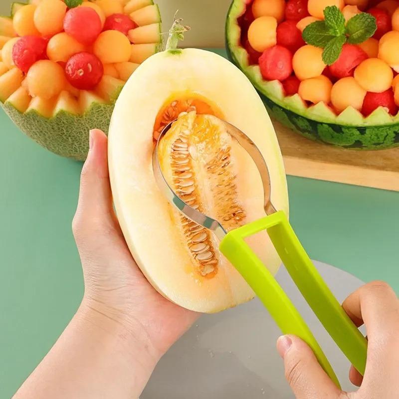 Multifunktionales Melonenkugelausstecher- und Schnitzmesserset Edelstahl Fruchtspatel Wassermelonen- und Cantaloupe-Schneider Küchenwerkzeuge