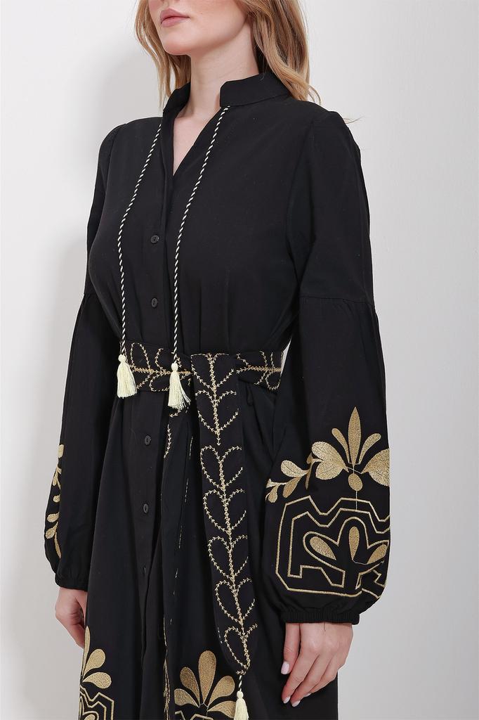 Women's Hijab Dress New Season Fashion Black Magnetic Collar Belted Double Slit Linen Dress