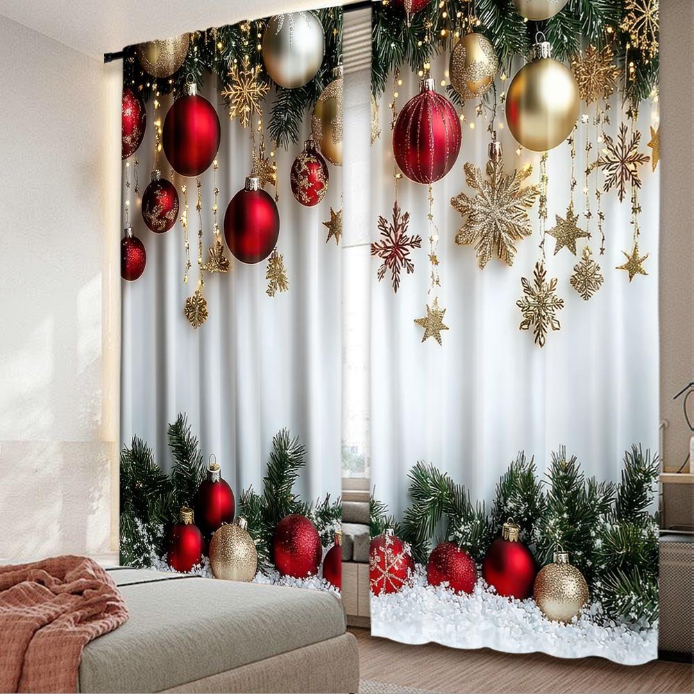 

Set Of 2 Flat Printing Popular Christmas Curtains Festive Ornaments Digital Printed Polyester Drapes Family Party Use Art Curtain Made W100*H70(CM)-Grommet top&2PCS