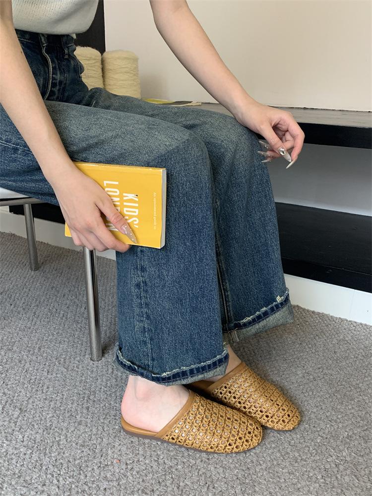 

Модная верхняя одежда французская полая дышащая плетеная сумка голова тапочки женские 2025 лето новая плоская подошва с юбкой сандалии 42 коричневый