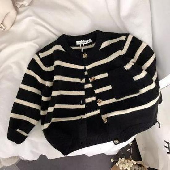 Korean Kids' Soft Striped Cardigan Sweater - Unisex, Spring & Autumn, Trendy Knitted Coat