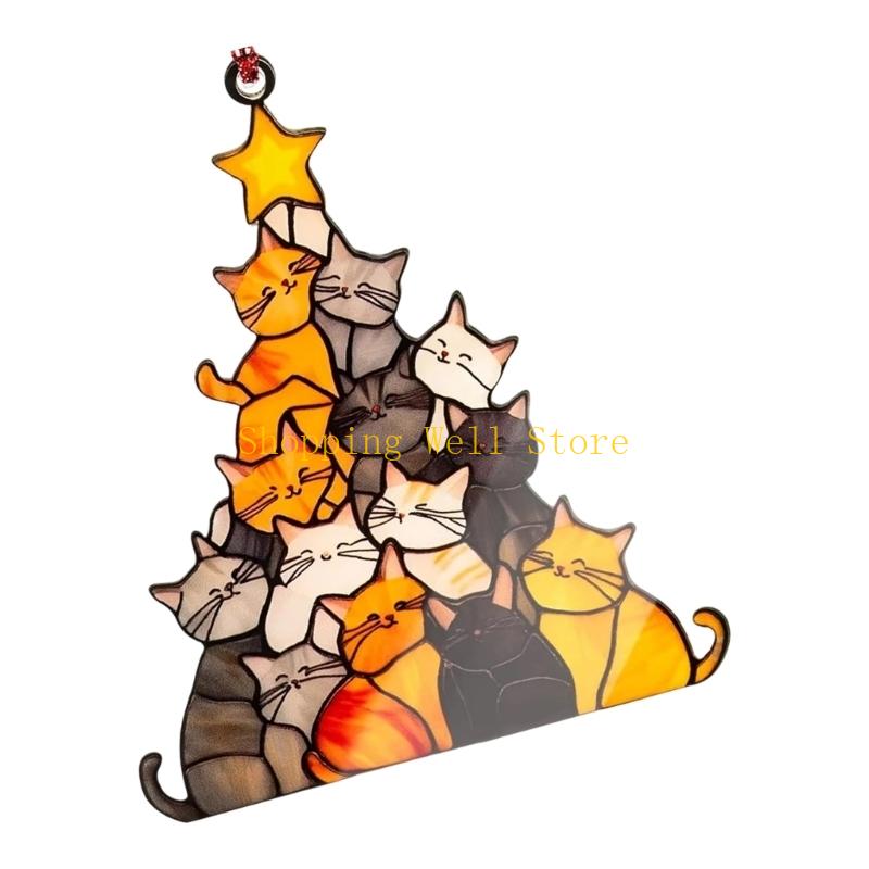 KX4B Cats Christmas Tree Suncatchers Stained Glass Window Hangings Colorful Glass Panel