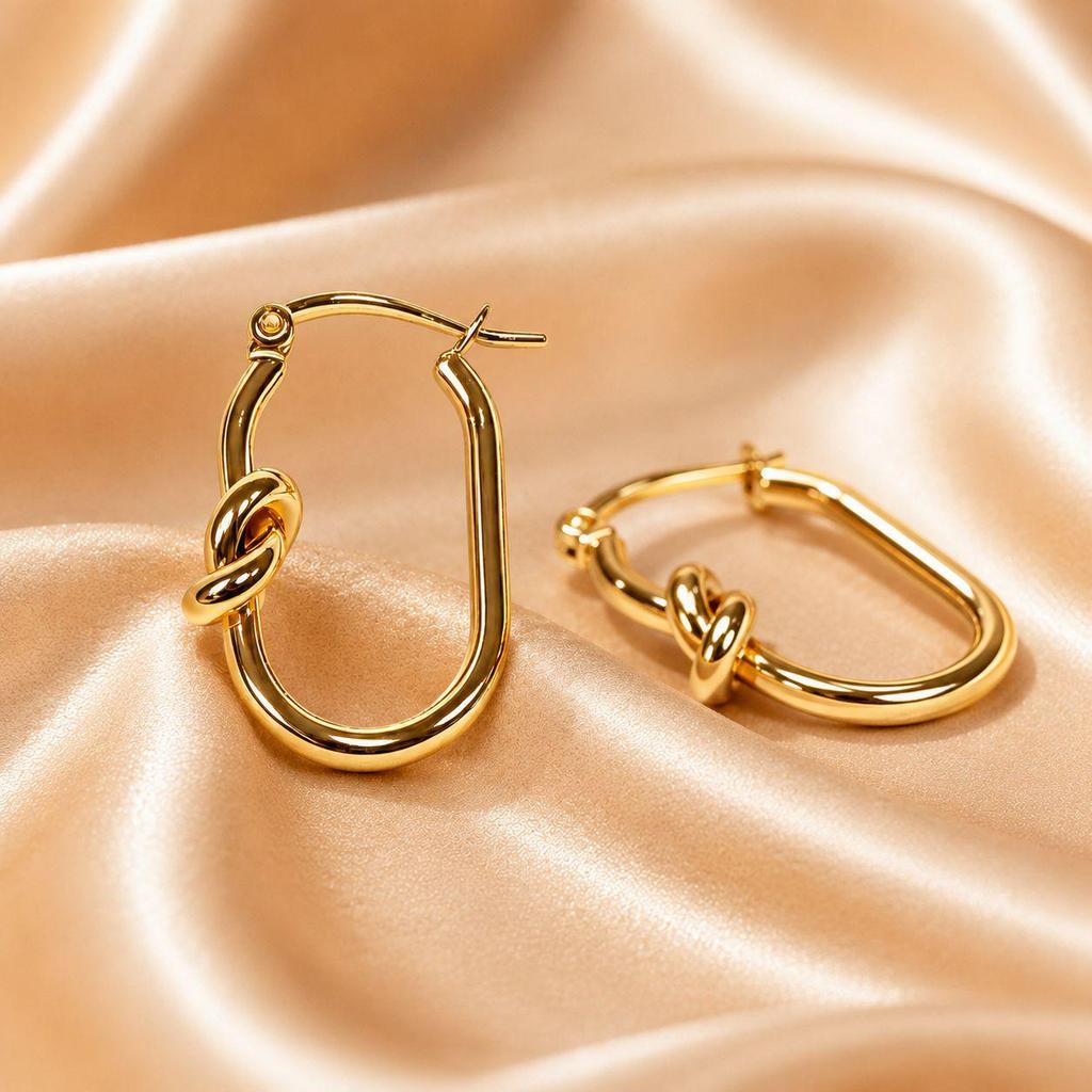 Gold Knotted Hoop Earrings - Light Luxury & Simple Style, Stainless Steel Plated Ear Studs