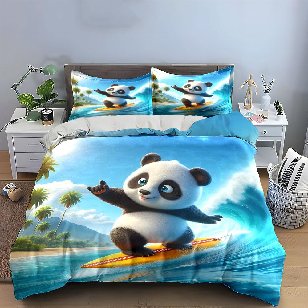 Surfender Panda mit Wellen. Bettwäsche-Sets Bettbezug-Sets Bettbezüge Kissenbezüge(1 * Bettbezug 2 * Kissenbezüge ohne Bettdecke)