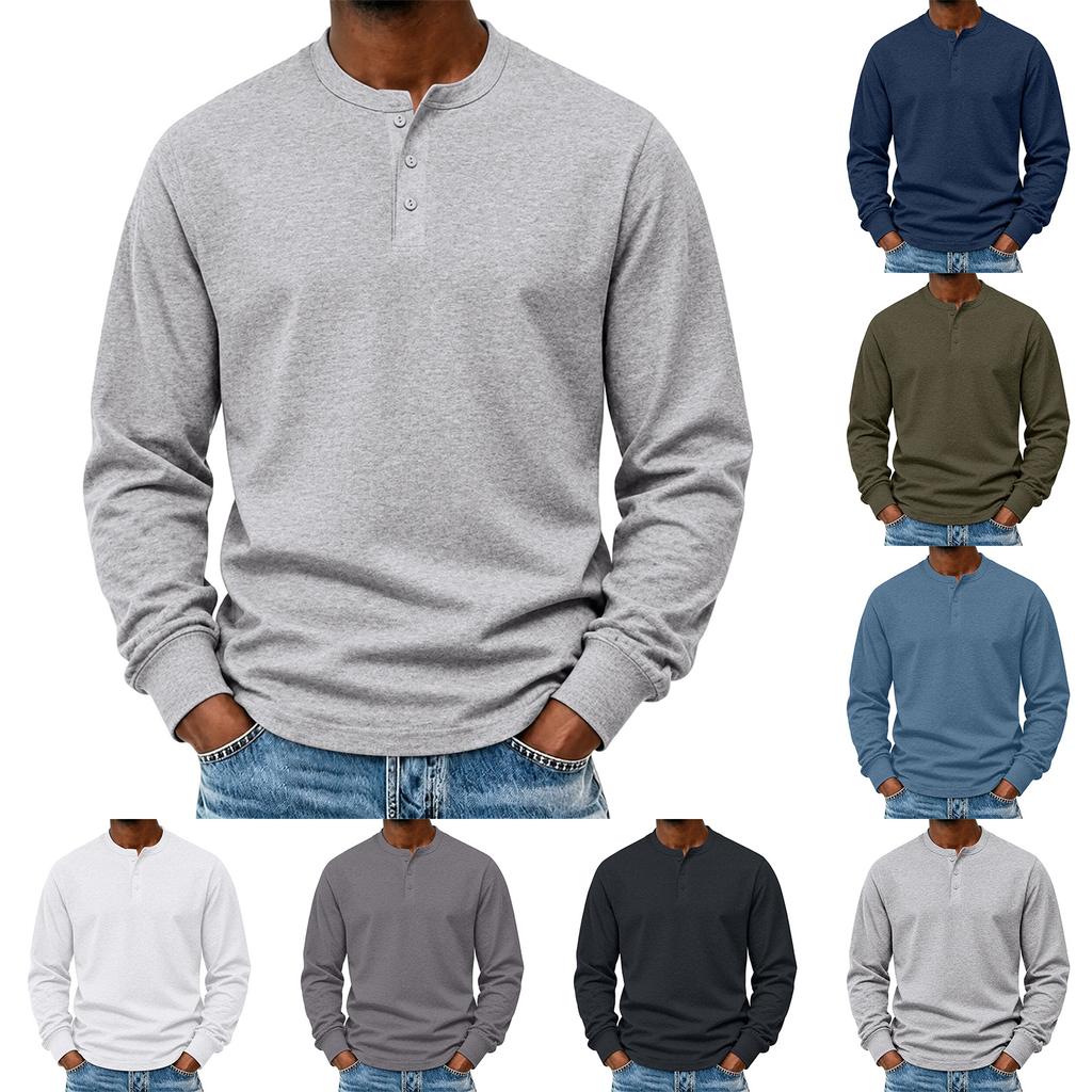 Men's Crewneck Long Sleeve T-Shirt with Button, Color Casual Top for Everyday Wear