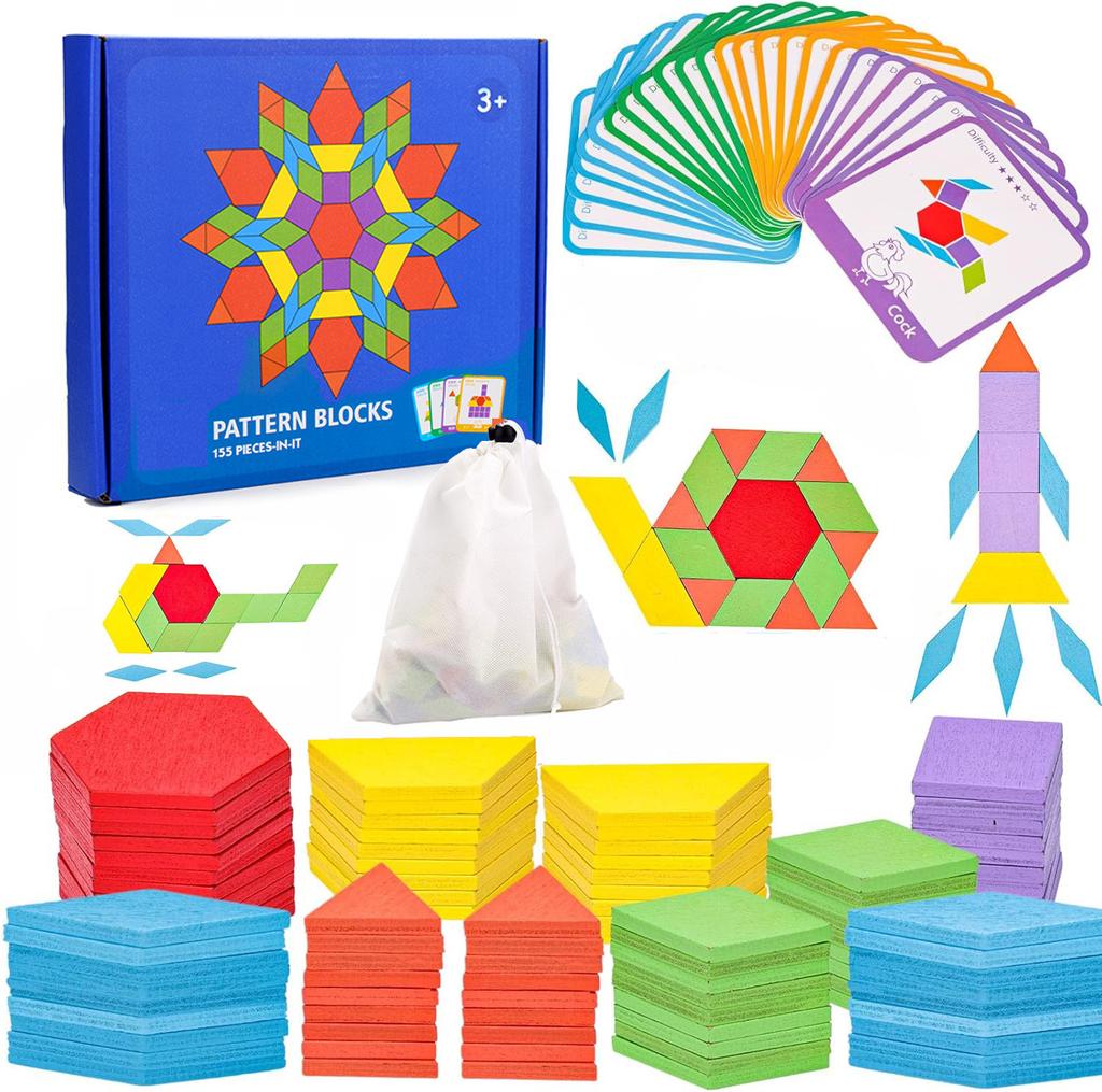 155 Pcs Wooden Pattern Blocks Set Geometric Shape Puzzle Kindergarten Classic Educational Montessori Tangram Toys for Kids