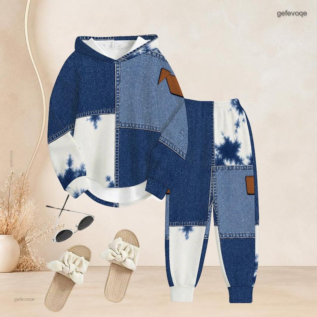 Women Plus Size Blue White Printed Two Piece Set Long Sleeve Hooded Top Cuffed Pants