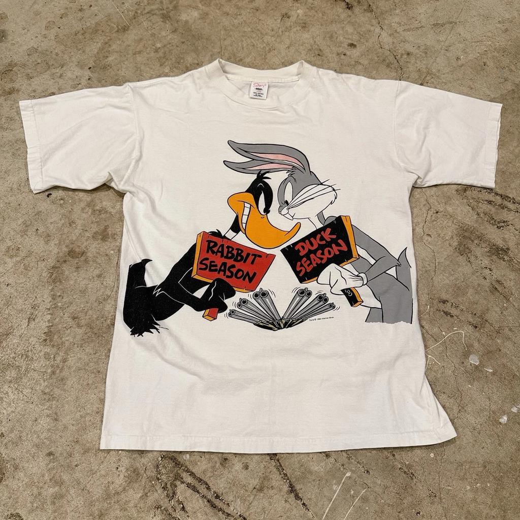 Vintage 90s Daffy Vs Bugs Bunny TT-Shirt Mens Large 1993 White Big Print Rare