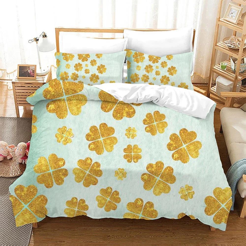 St. Patrick'S Day Duvet Cover Set Lucky Clovers Bedding Set Microfiber Green Four Leaves Clover Comforter Cover Twin Queen Size