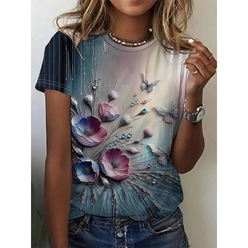 Colorful Flower Print T-shirt Casual Daily Flower Print
