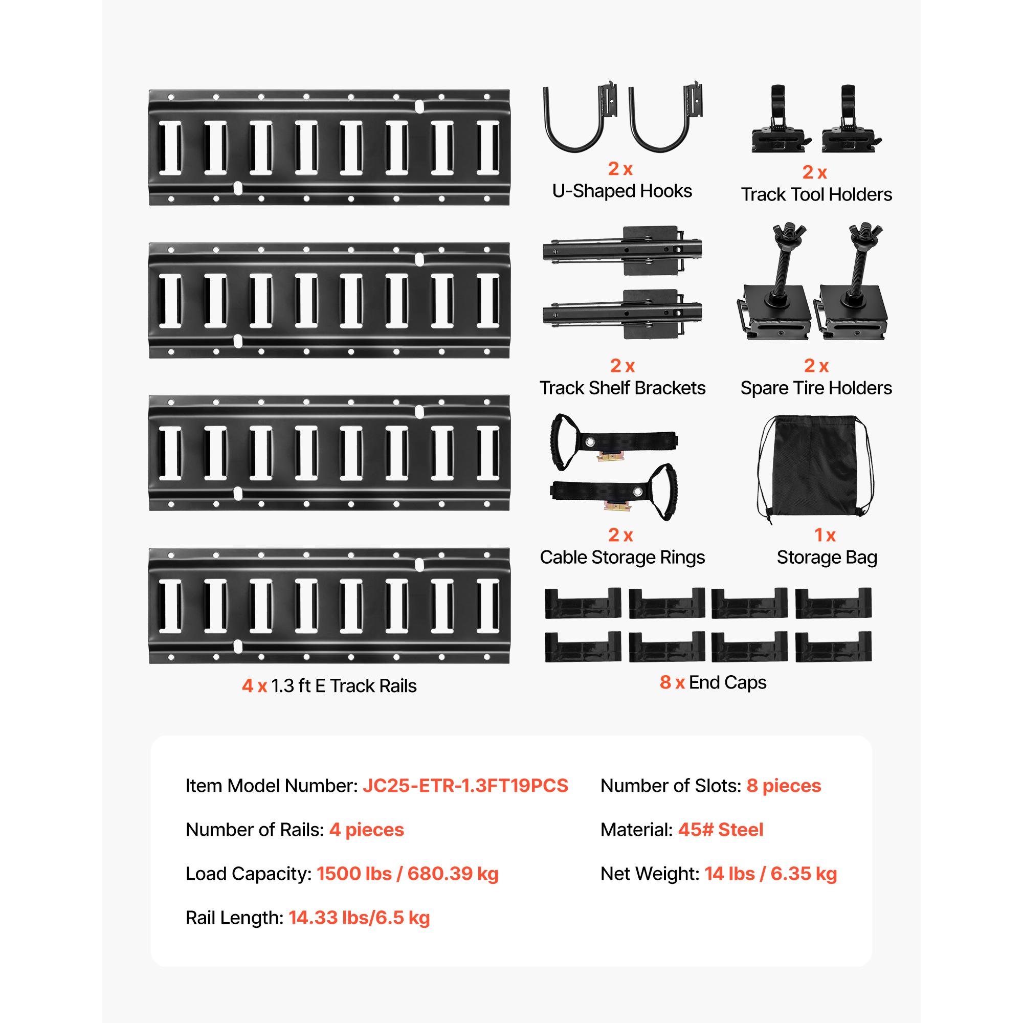 

SucceBuy E-Track Tie-Down Rail Kit 4 Pcs 1.3ft E Track Rails 2 Hooks 2 Track Shelf Brackets 2 Tire Holders Fit for Vans Trailers
