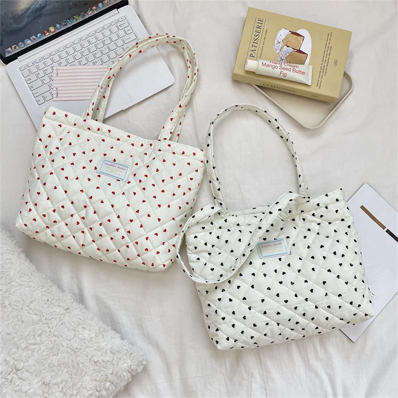 Cute Quilted Padded Heart Plaid Shoulder Bag Handbag Large Capacity Casual Commuting Tote Bag Storage Bag Girl Heart Clutch Gift