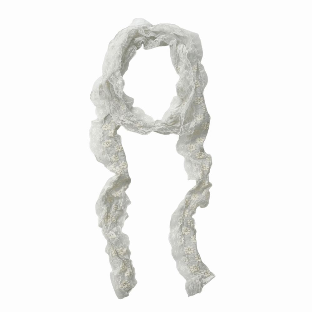 White Beige Lace Neck Scarf Flower Ribbon Headband Trendy Photo-Ready Shawl  Spring Summer