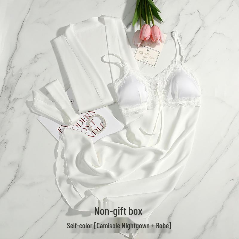 

Elegant Women s Ice Silk Nightgown Set with Chest Pads - Spring/Summer 2025 Gift Box Edition L for 50-60 kg