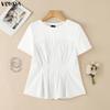 VONDA Women O-Neck Short Sleeve Blouse Casual Patchwork Pleated Peplum Tops
