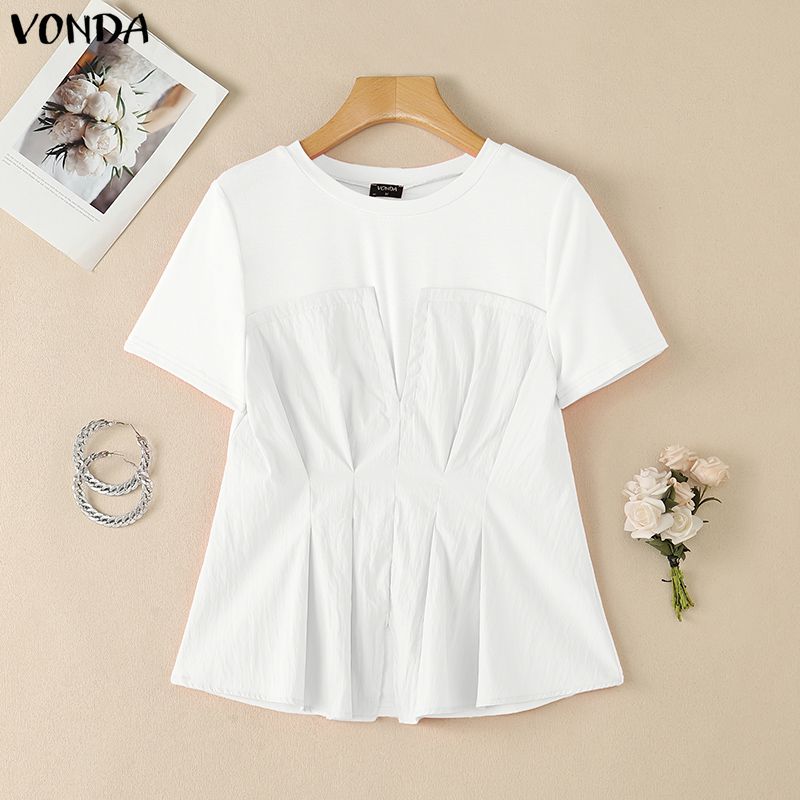 VONDA Women O-Neck Short Sleeve Blouse Casual Patchwork Pleated Peplum Tops